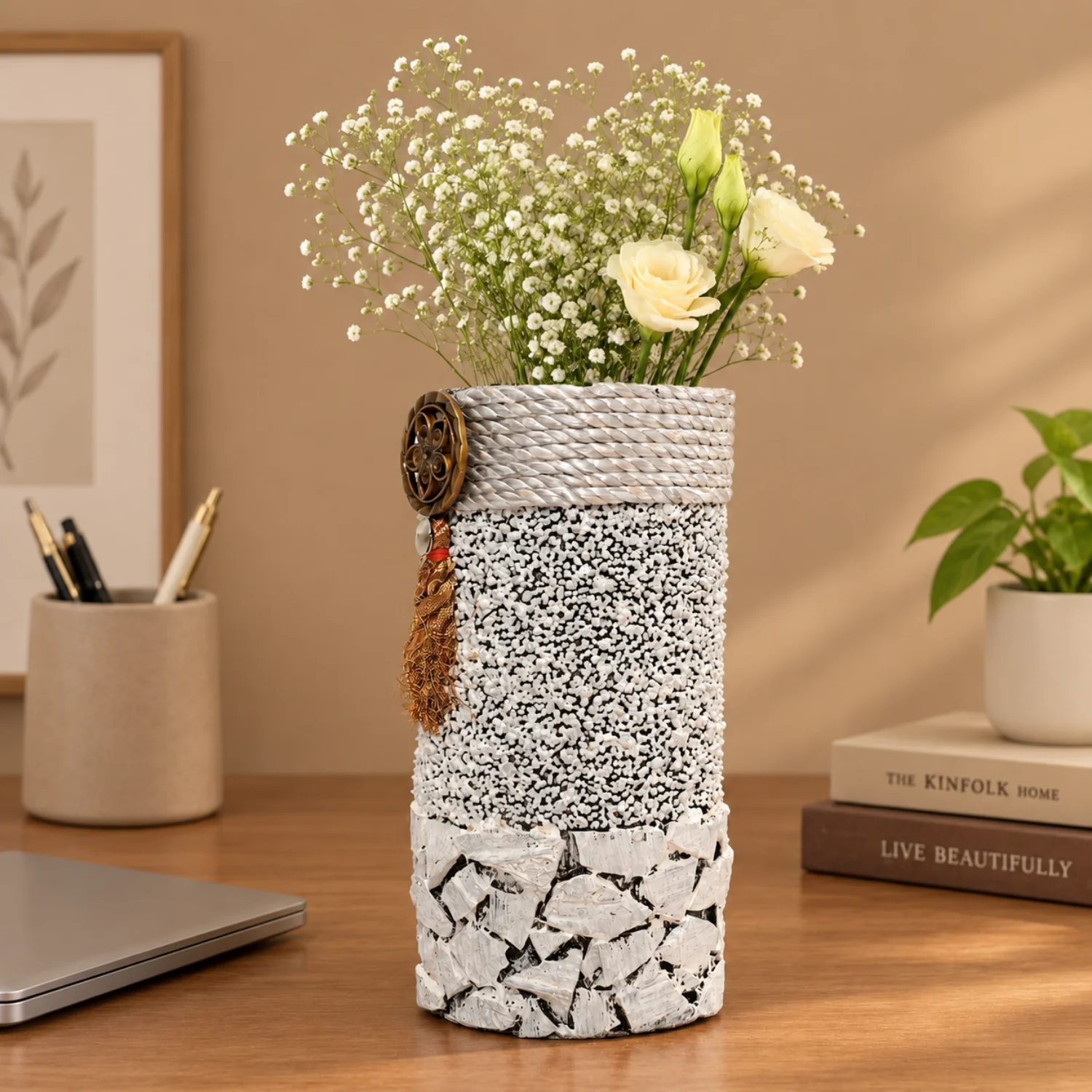 White Mosaic-Style Tassel Vase