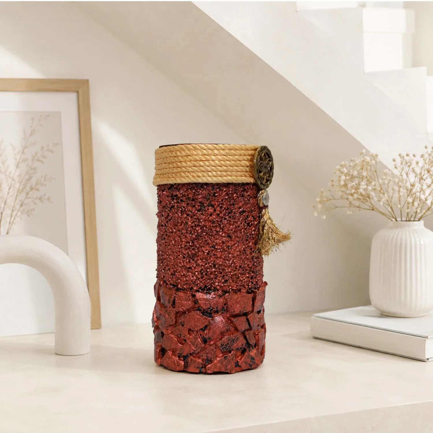 Rust Mosaic-Style Tassel Vase