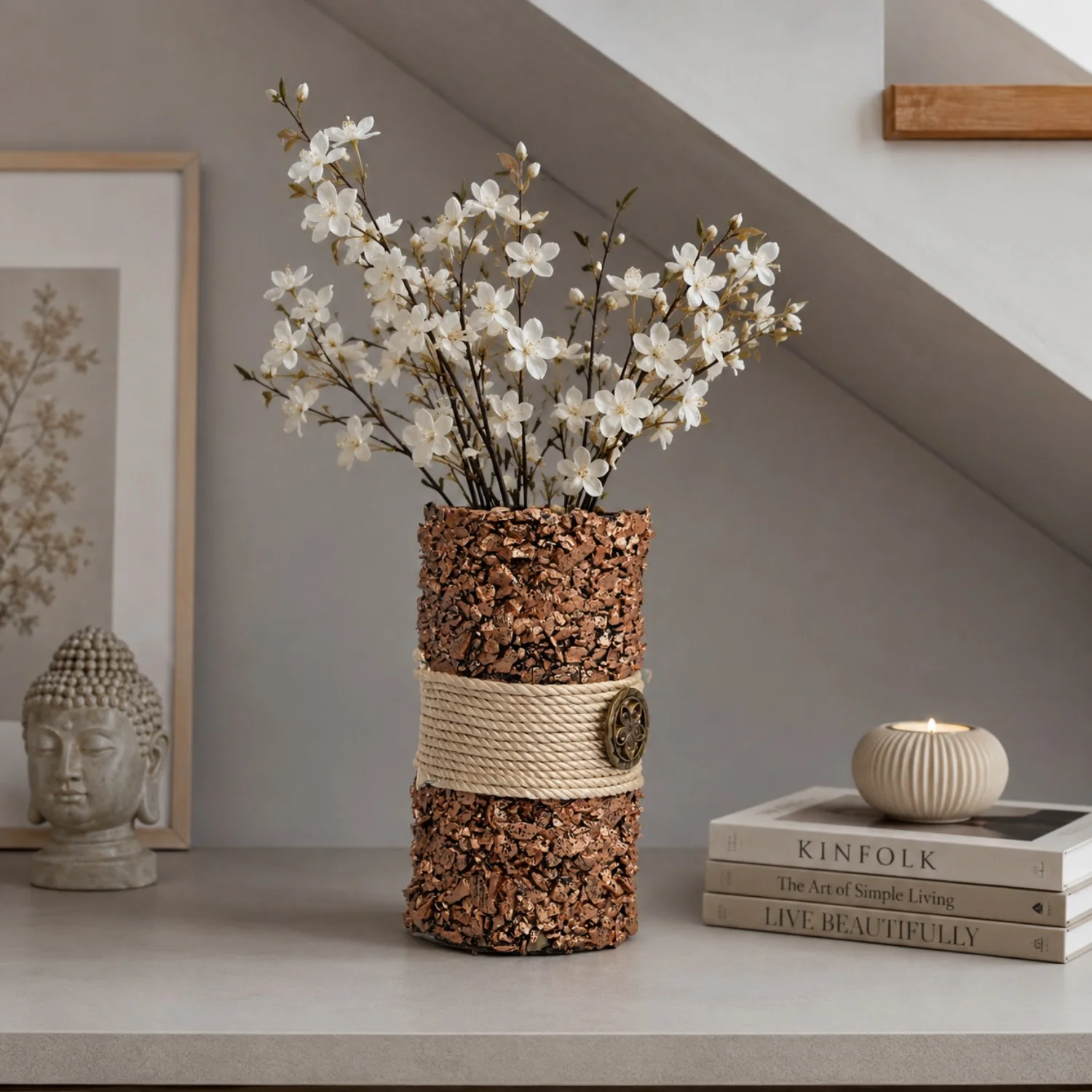 Brown Textured Vase with Central Rope-Style Band