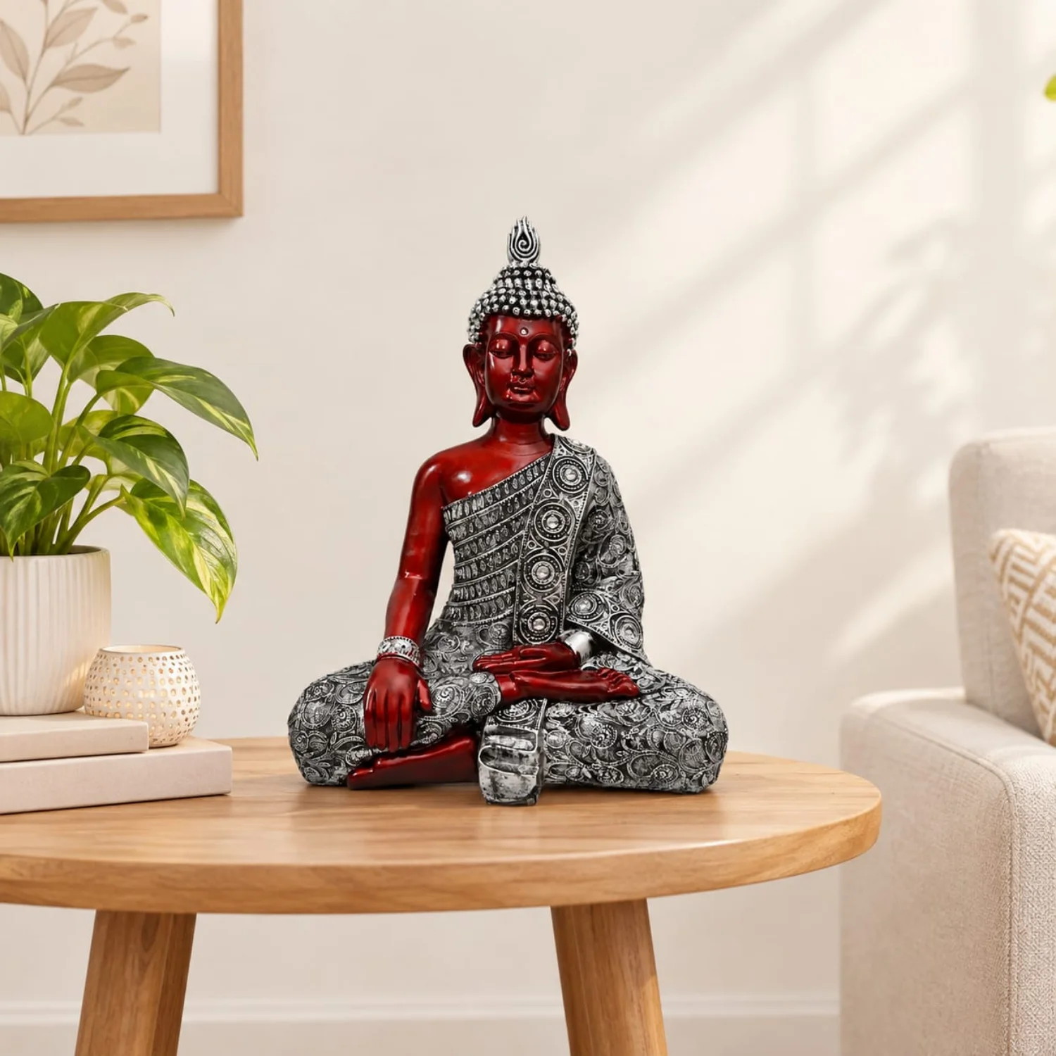 Red and Silver-Tone Patterned Buddha Statue