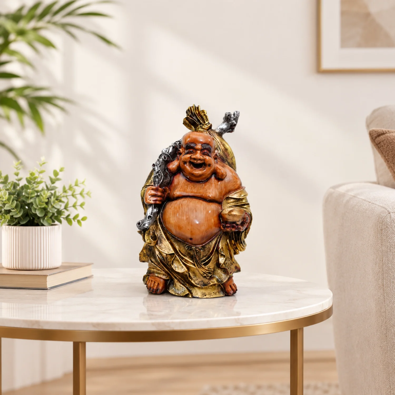 Brown and Gold-Tone Laughing Buddha with Staff