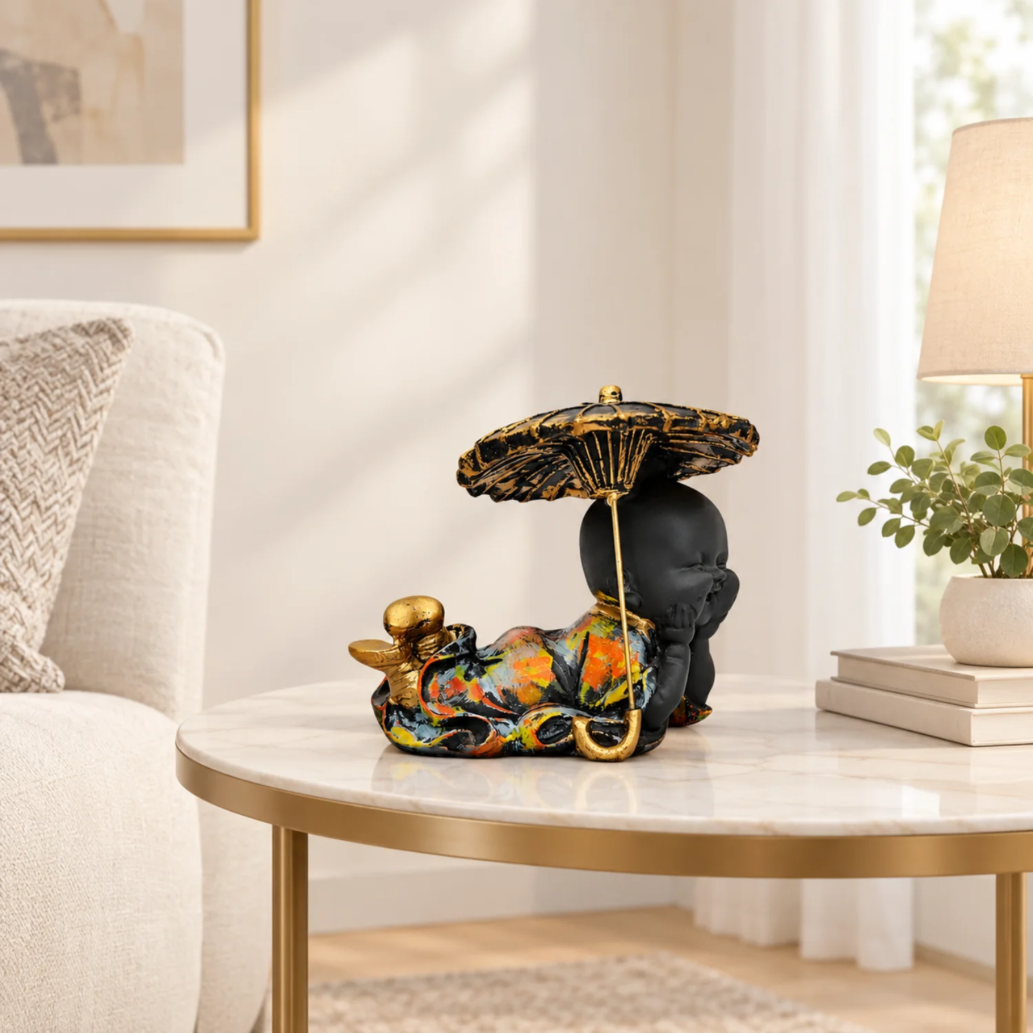 Resting Baby Buddha with Gold-Tone Umbrella