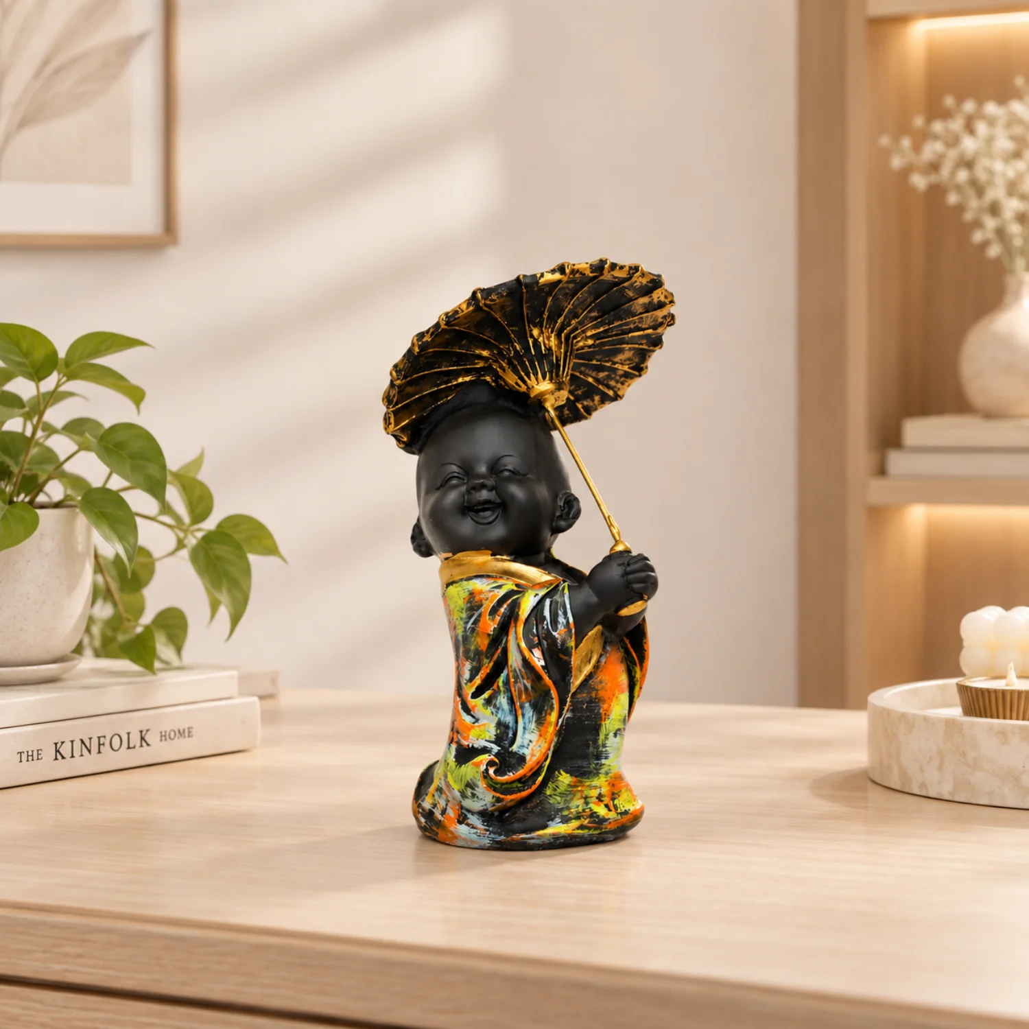 Standing Baby Buddha with Gold-Tone Umbrella