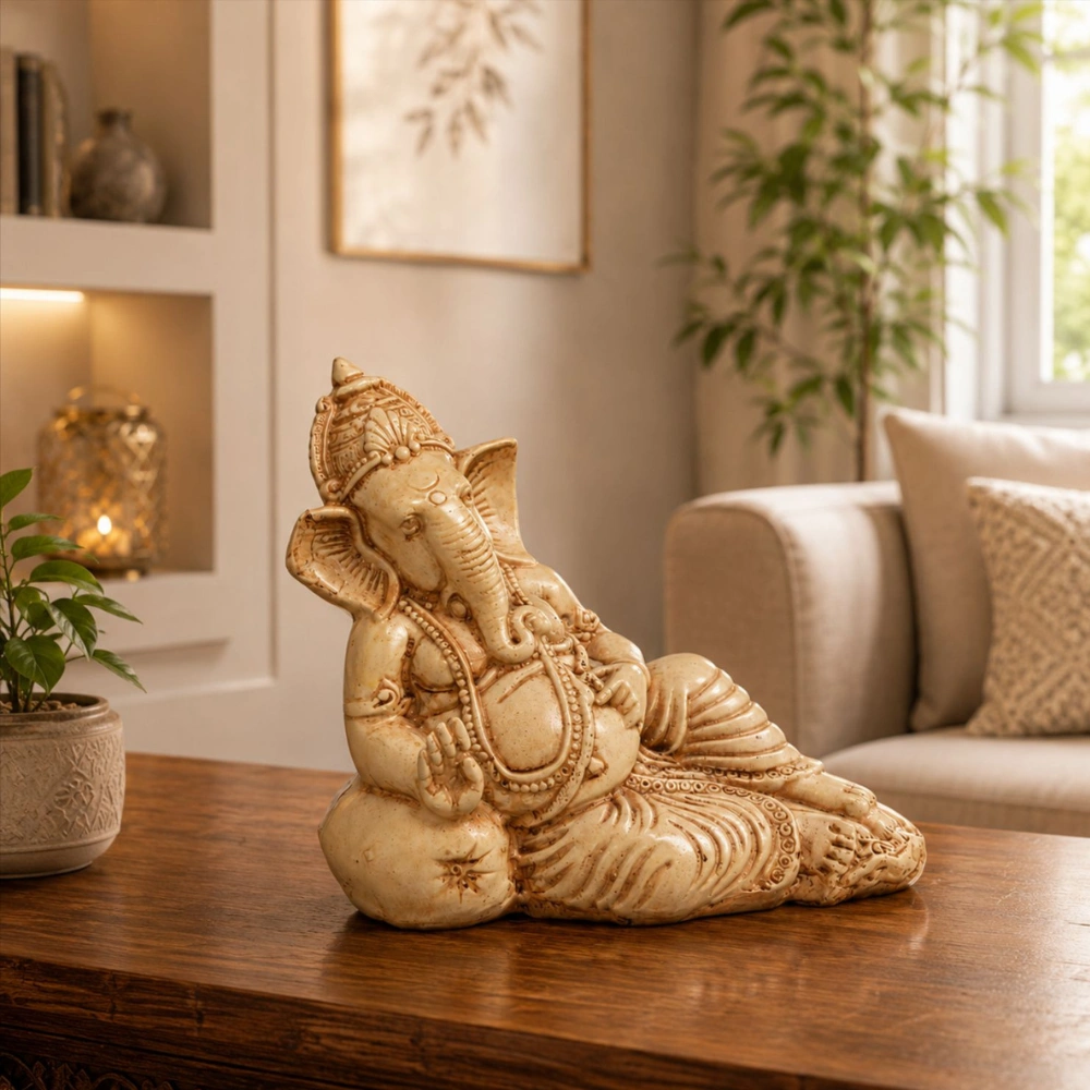 Antique Cream Reclining Ganesha Figurine