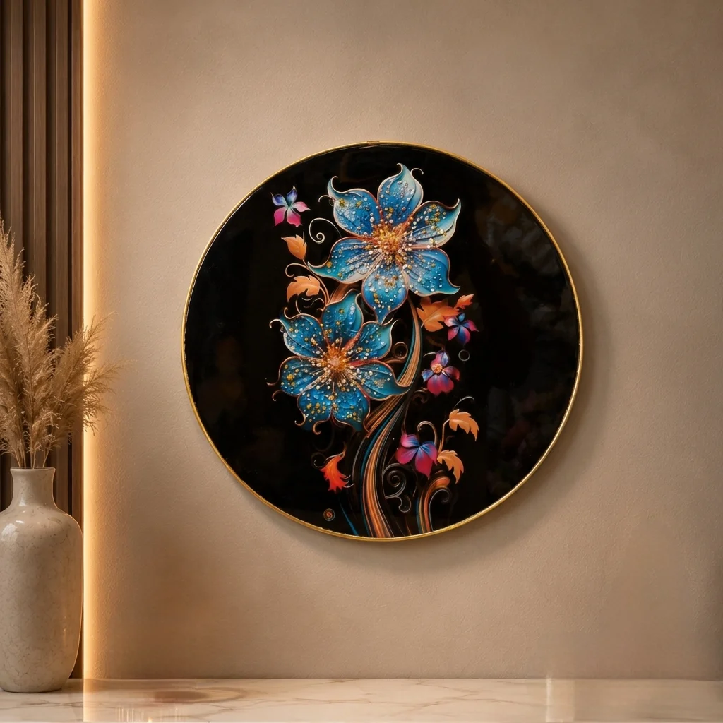 Round Blue Flowers with Copper Vines Wall Art
