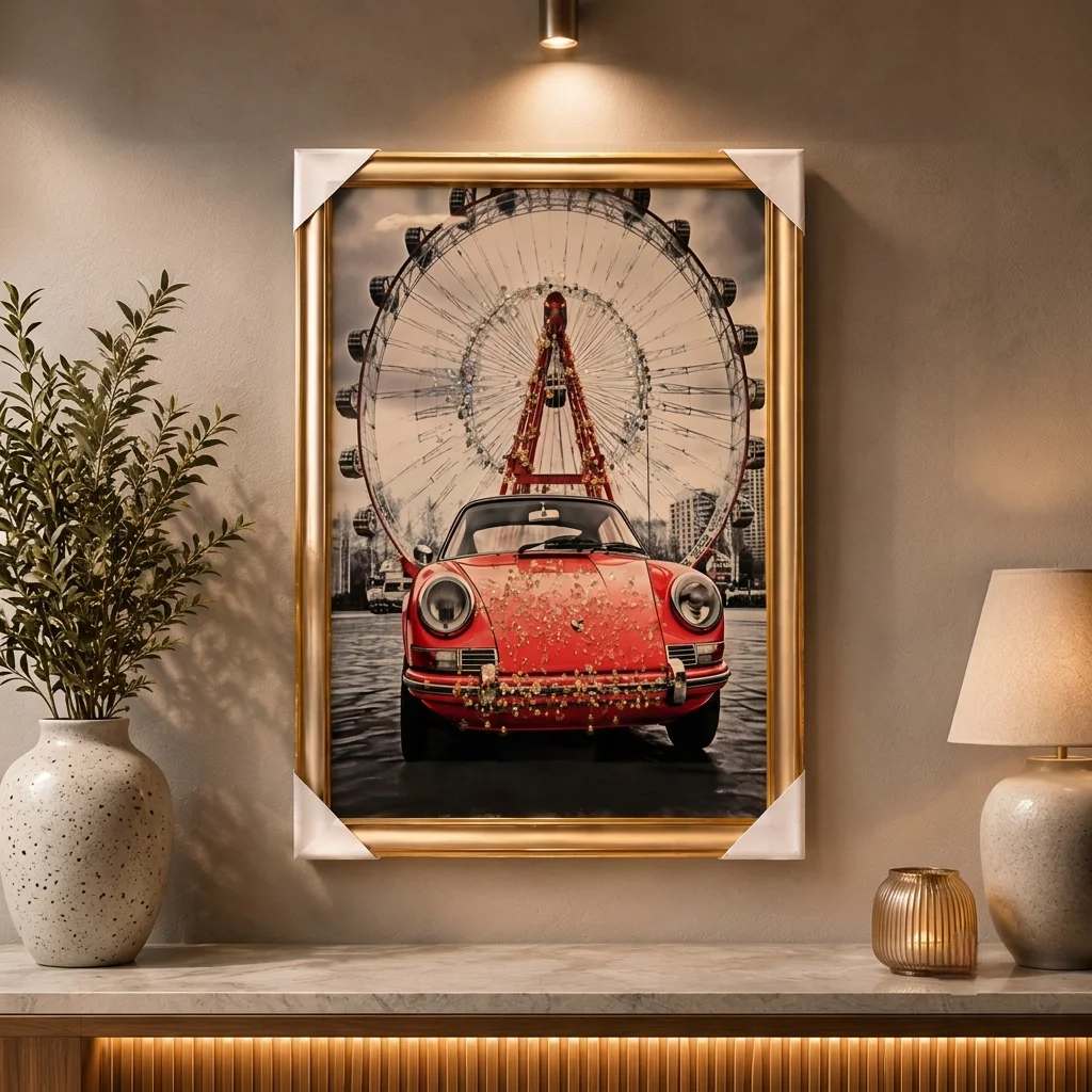 Red Vintage Sports Car and Observation Wheel Wall Art