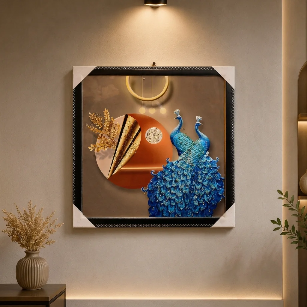 Blue Peacock Pair with Geometric Motifs Wall Art