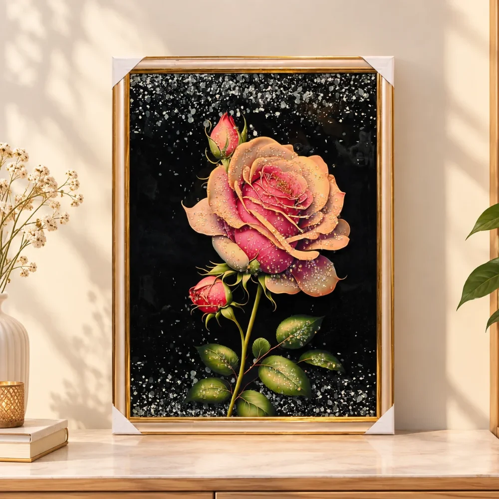 Peach and Pink Rose on Black Wall Art