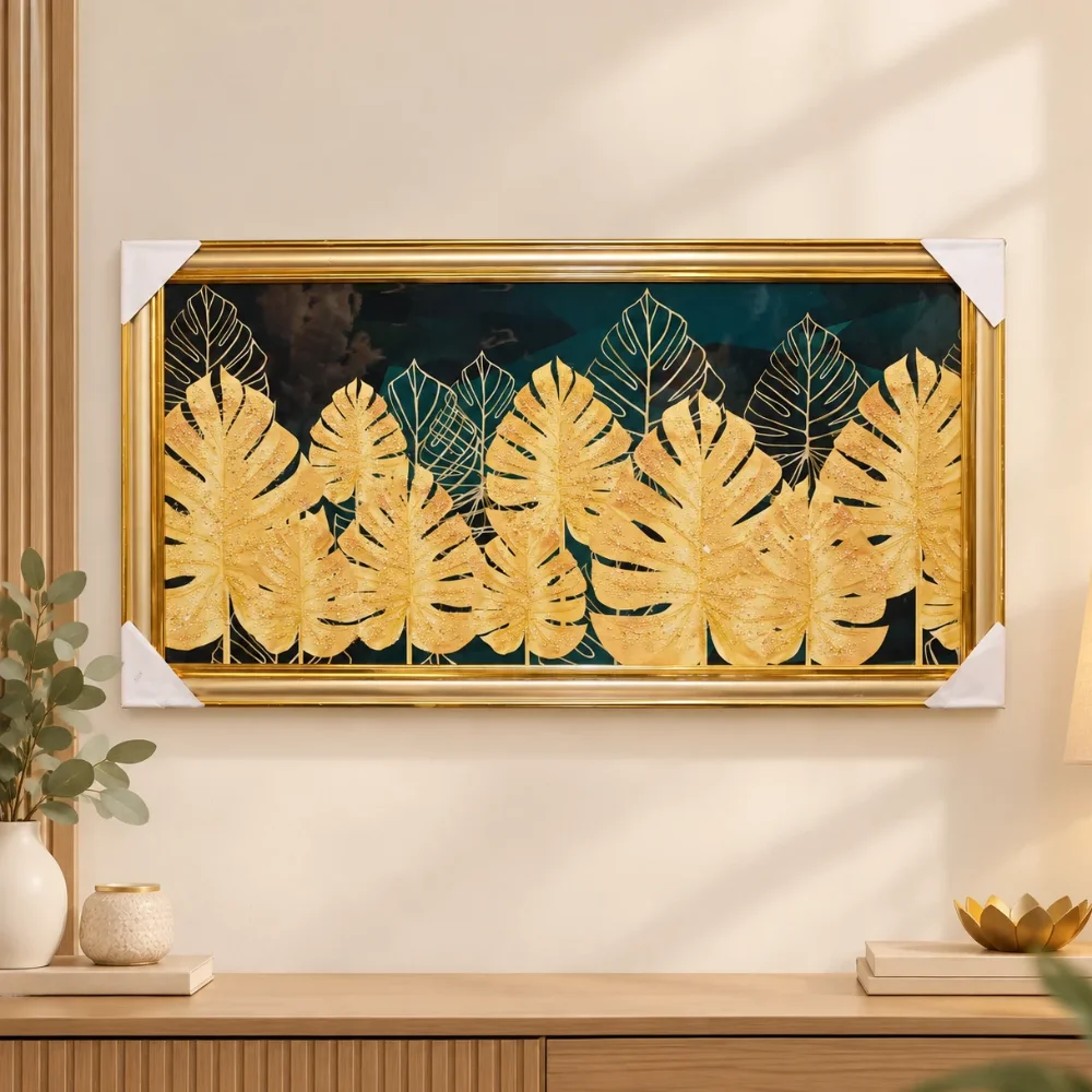 Golden Tropical Leaves on Deep Teal Wall Art