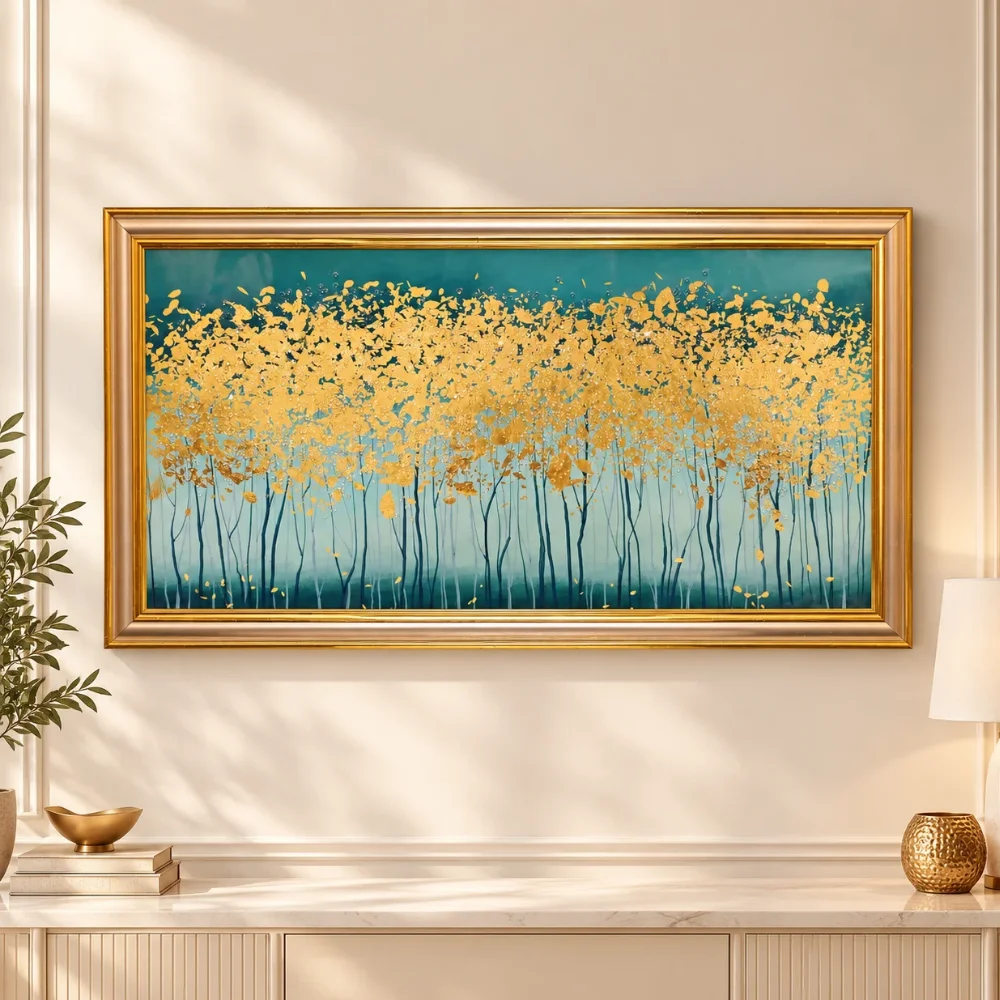 Golden Forest Canopy on Teal Wall Art