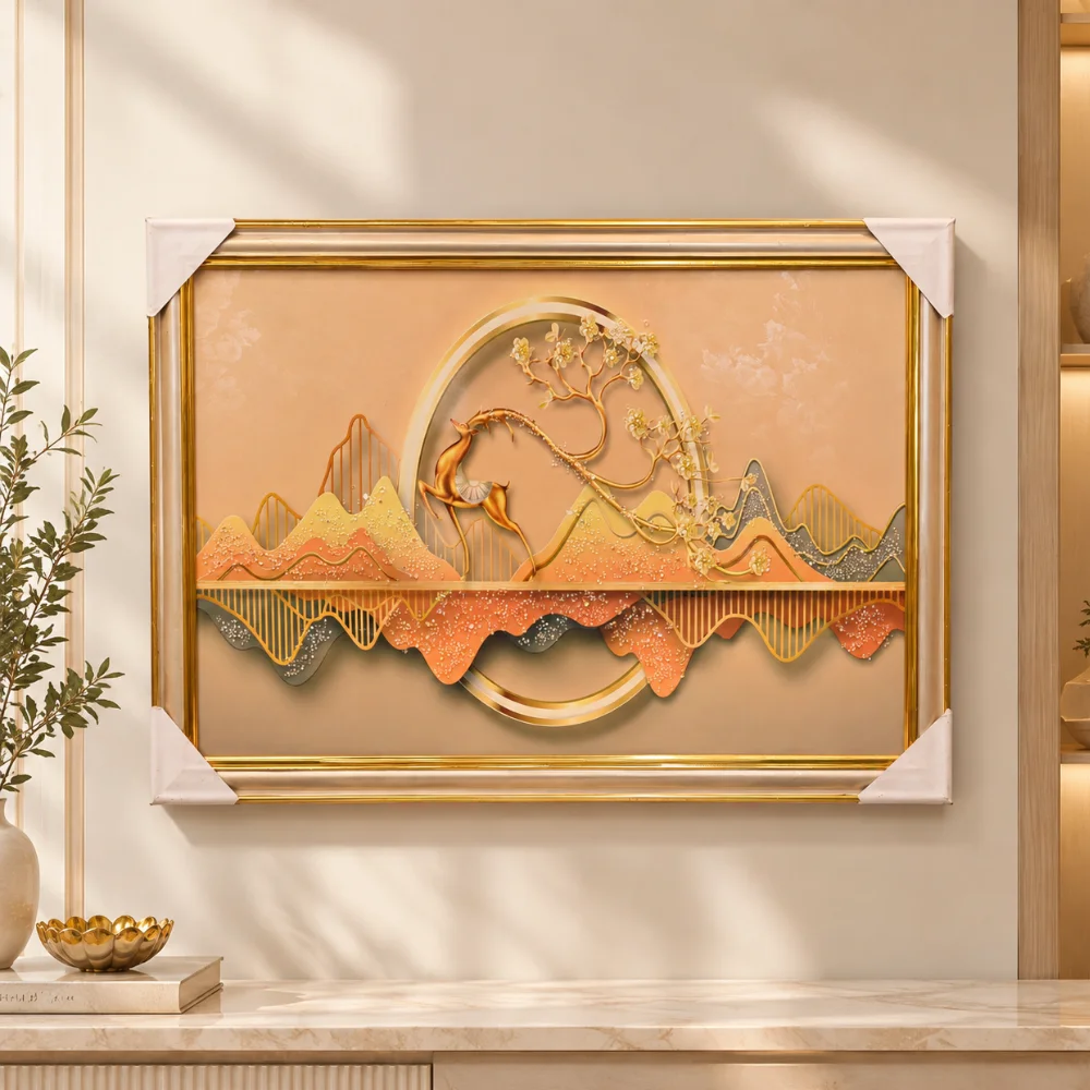 Golden Deer and Peach Mountain Reflections Wall Art