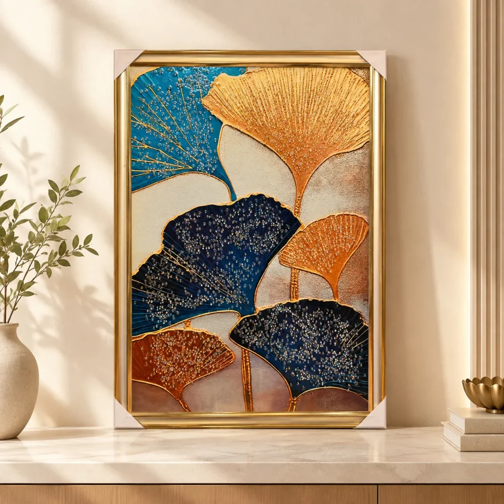 Blue and Gold Fan-Shaped Leaves Wall Art