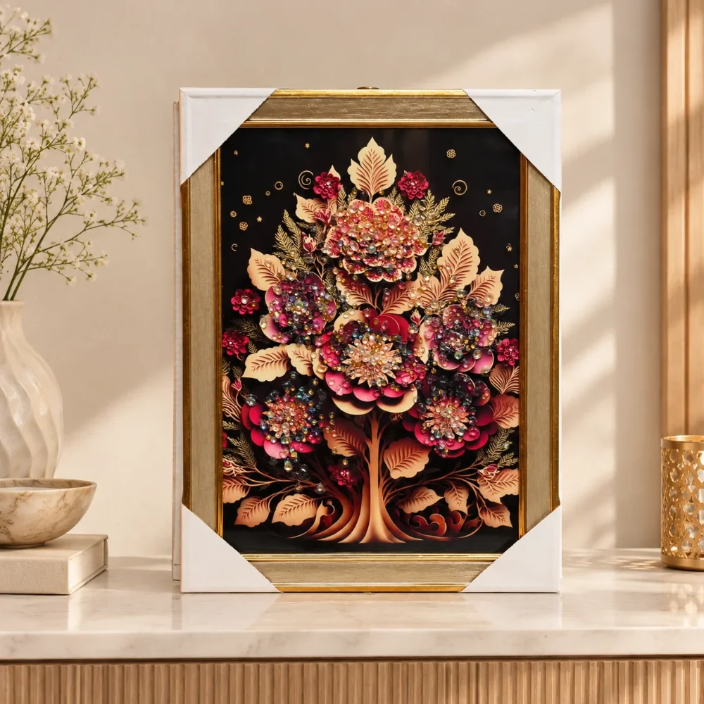 Burgundy Floral Tree on Black Wall Art