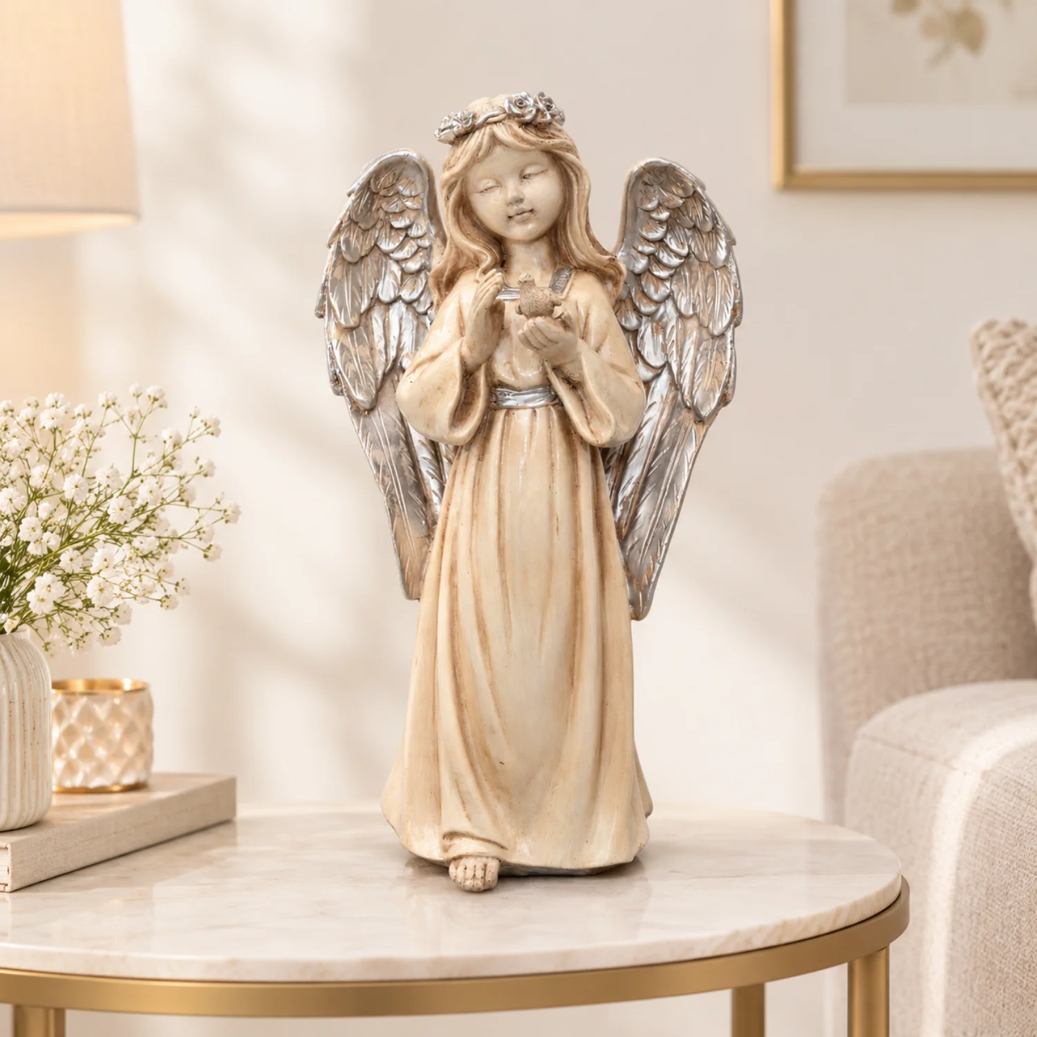 Cream and Silver-Tone Angel Holding Bird Figurine