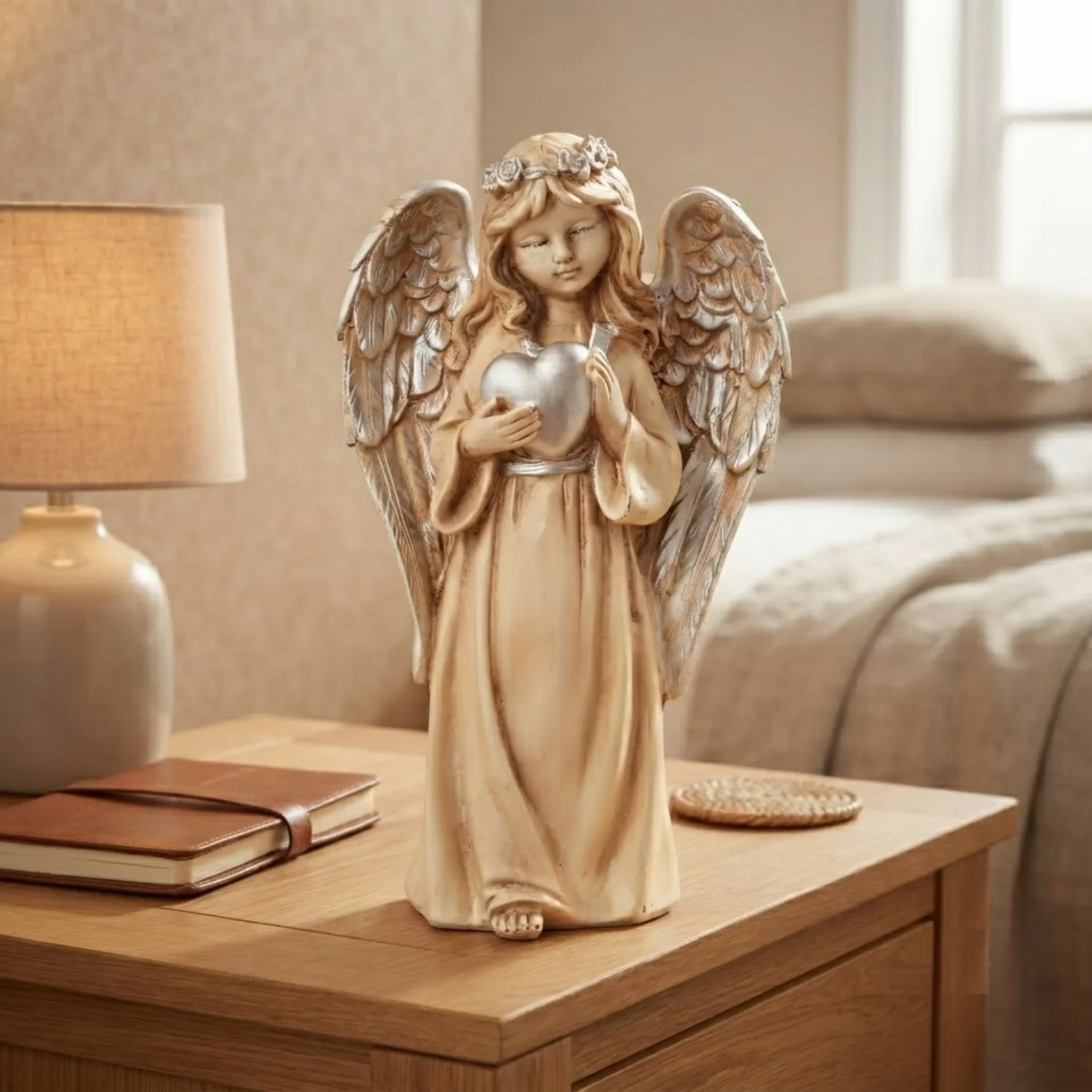 Cream and Silver-Tone Angel Holding Heart Figurine