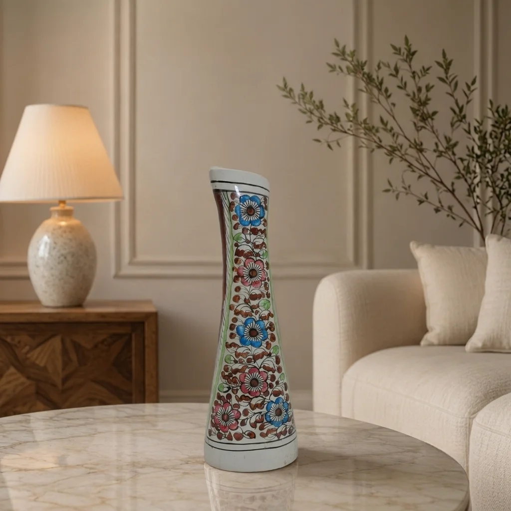White Multicolour Floral Curved Decorative Vase