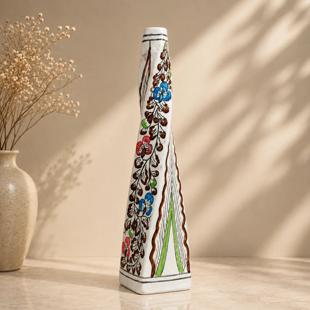 White and Brown Floral Tapered Decorative Vase