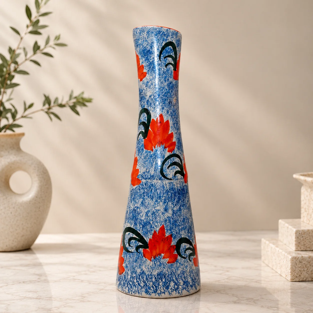 Blue Speckled Red Floral Tall Decorative Vase