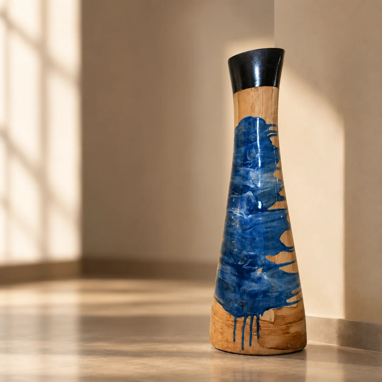 Blue Splash Wood-Look Tall Decorative Vase