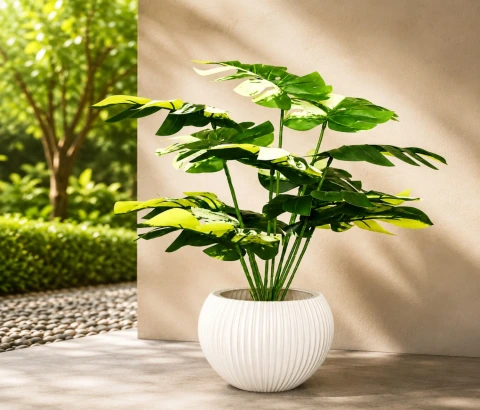 Variegated Artificial Monstera Plant in Ribbed Pot