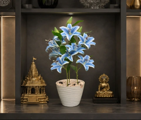 Artificial Blue Lily Plant in Ceramic Pot
