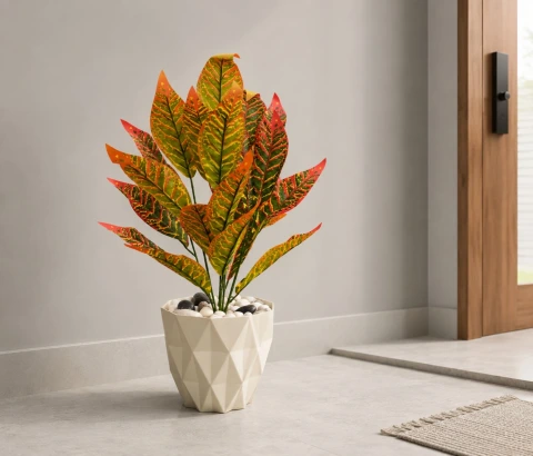 Artificial Croton Plant in Faceted Pot