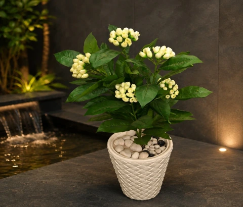 Artificial Ivory Rosebud Foliage Plant in Woven Planter