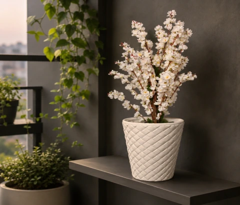 Artificial White Blossom Plant in Woven Planter