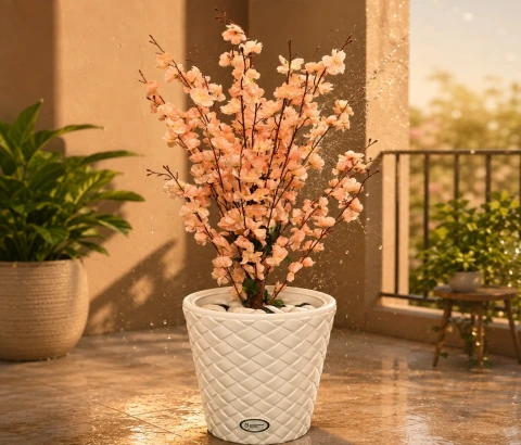 Artificial Peach Blossom Spray in Woven Planter