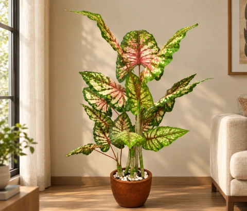 Variegated Artificial Caladium Plant in Terracotta Pot