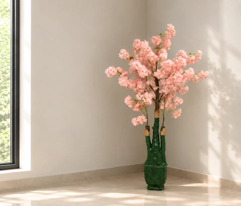 Artificial Pink Cherry Blossom Tree with Bamboo Vase