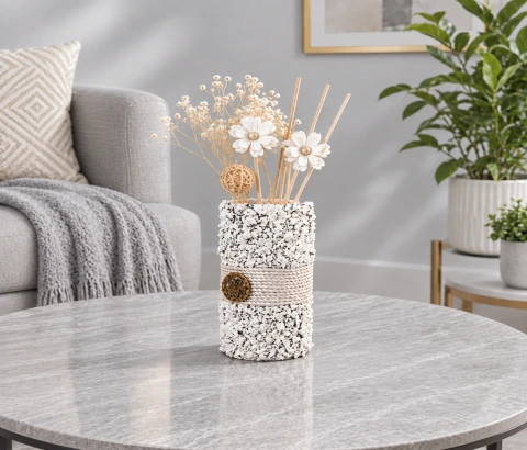 White Textured Vase with Central Rope-Style Band