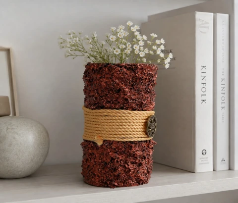 Rust Textured Vase with Central Rope-Style Band