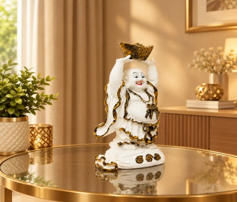 White Laughing Buddha Holding Gold-Tone Ingot