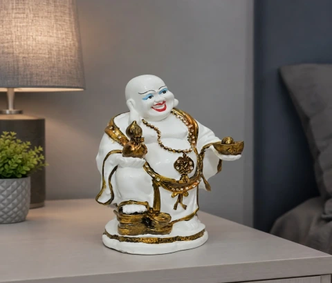 White and Gold-Tone Laughing Buddha with Gourd