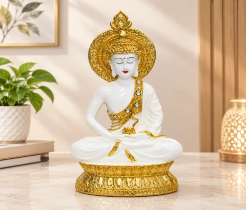 White Buddha with Gold-Tone Halo and Lotus