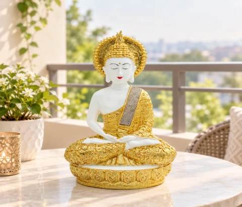 White and Gold-Tone Meditating Buddha with Halo