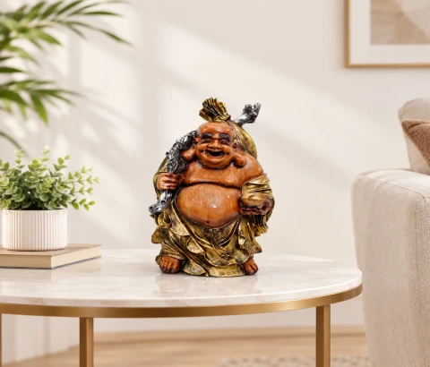Brown and Gold-Tone Laughing Buddha with Staff