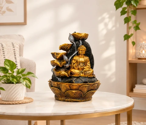Gold-Tone Buddha with Tiered Lotus Sculpture