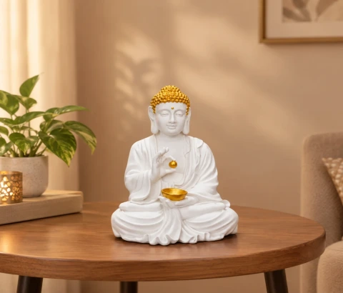 White and Gold-Tone Buddha Statue with Bowl