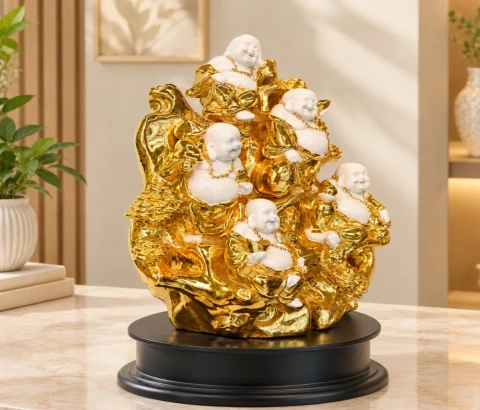 White and Gold-Tone Laughing Buddha Group Sculpture