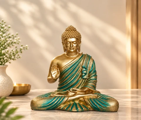 Gold-Tone and Teal Seated Blessing Buddha