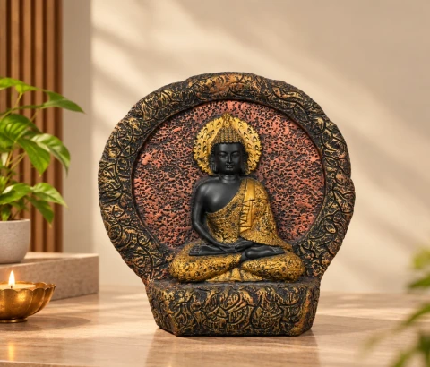 Antique-Style Buddha with Round Decorative Frame