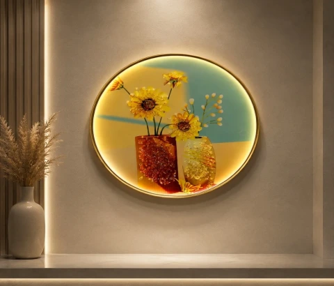 Round Yellow Flowers in Red and Cream Vases Wall Art