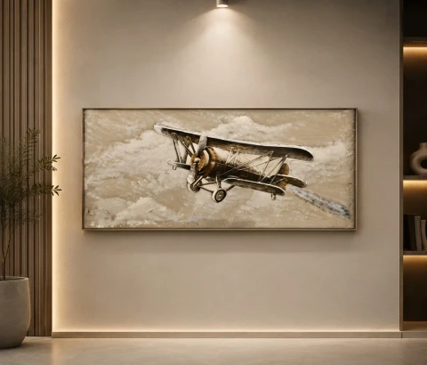 Vintage Biplane in Cloudy Sky Wall Art