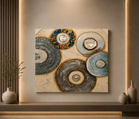 Layered Circular Motifs in Teal and Grey Wall Art