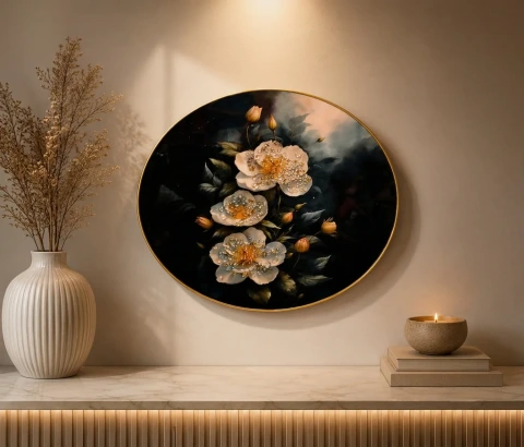 Round White Blossoms on Dark Botanical Wall Art