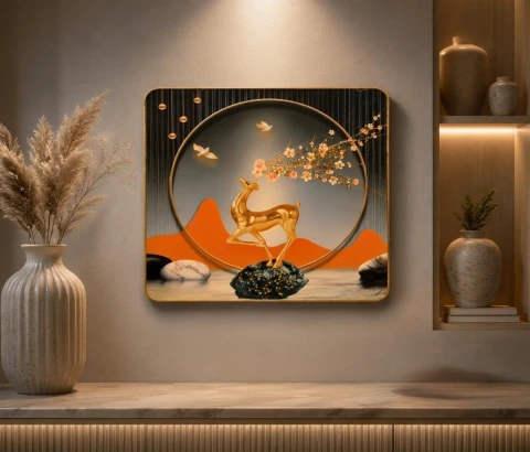 Golden Deer with Blossom Branch and Birds Wall Art