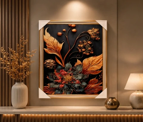 Copper Leaves and Dark Floral Bloom Wall Art