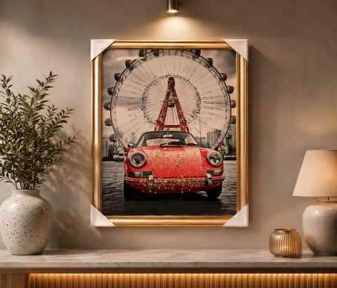 Red Vintage Sports Car and Observation Wheel Wall Art
